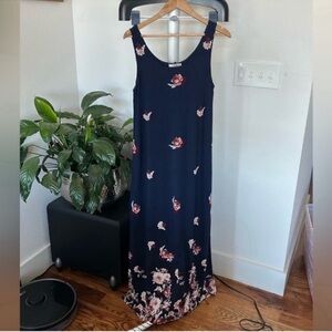Maxi/Long Tank dress Sz L Floral Navy Stretchy Summer Lined Side Slits